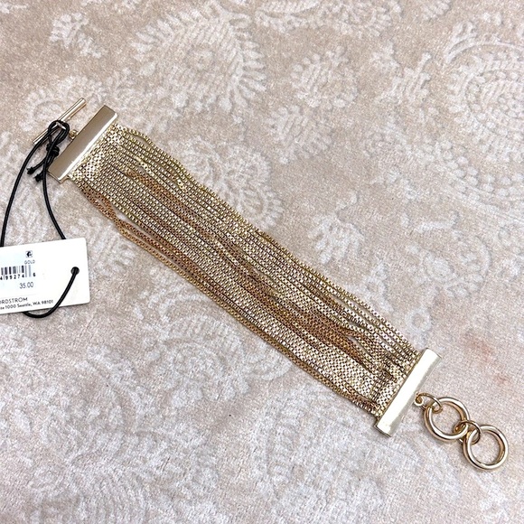 Brand New Open Edit Gold Tone Multi-Strand Chain Toggle Bracelet Statement Cuff - Picture 6 of 14